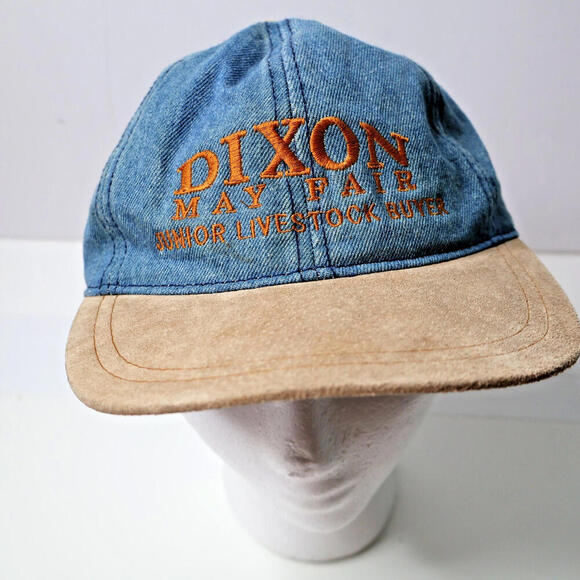 VTG Denim Suede Leather Hat Cap DIXON MAY FAIR JUNIOR LIVESTOCK BUYER J HATS - Picture 1 of 10